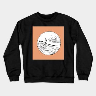 Female Surfer Riding the Wave with a coral background Crewneck Sweatshirt